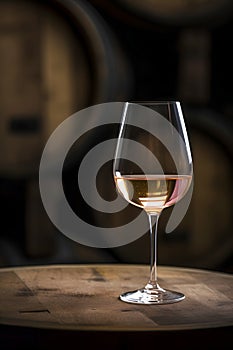 Glass of white wine on background of wooden oak barrels in cellar of winery. AI generated