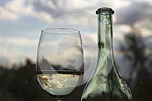 A glass of white wine and a bottle