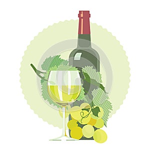 Glass of white wine, bottle, grapes