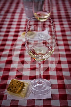 Glass of white wine with cheese wrapped in a plastic bag on a chequered tablecloth