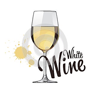 A glass of white wine. Drops of wine. Vector illustration