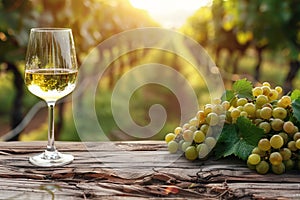 Glass of White Wine and Fresh Grapes with Vineyard Background