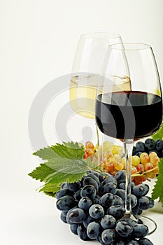 A glass of white wine, a glass of red wine, fresh grapes and grape leaves