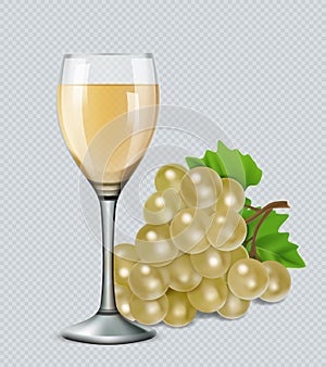 Glass of white wine with grapes. 3d realistic vector image