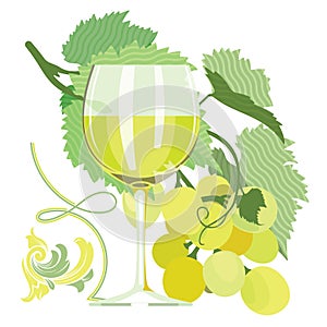 Glass of white wine, grapes, grape leaves