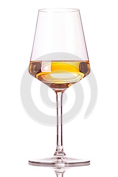 A glass with white wine isolated on white background. Rose wine splashing in glassware.