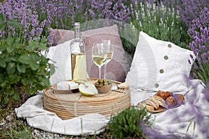 Glass of white wine in a lavender field. Violet flowers on the background.