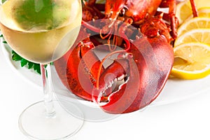 Glass of white wine with lobster