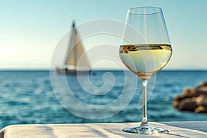 a glass of white wine is on the table. in the background there is the sea and the sail of a yacht in the distance