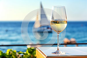 a glass of white wine is on the table. in the background there is the sea and the sail of a yacht in the distance