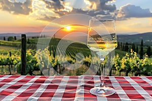 A glass of white wine on a table with a red and white checkered tablecloth against the backdrop of vineyards at sunset