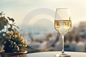 Glass of white wine on table with sea view at sunset, romantic travelling on holidays. Generative AI