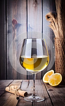 A glass of white wine on a wooden rustic style background