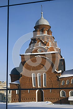 Glass window reflectioon of cathedral in Vladimir city, Russia.