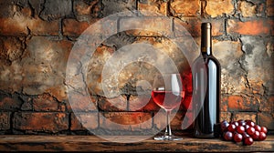 A glass of wine, a bottle and a bunch of grapes against the background of a brick wall in brown tones. Copy space.