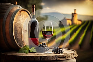 Glass of wine and bottle of red wine on barrel in front of vineyard. Generative AI