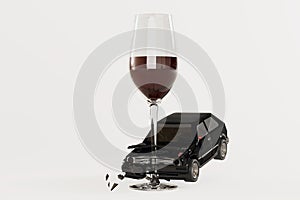 a glass of wine and a car on a white background with a broken glass of wine on the floor, 3D render