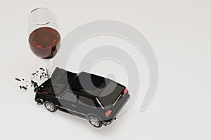 a glass of wine and a car on a white background with a broken glass of wine on the floor, 3D render