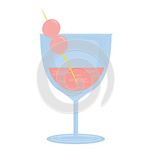 Glass with wine or cocktail and some berry. Party, pub, restoraunt or club element. alcohol coctail with vermouth. Vector flat