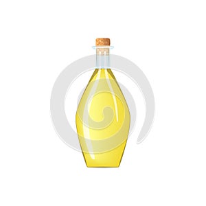 Glass wine empty bottle with cork and yellow liqui. tranparent icy-white decanter on white background. Flask for juice, wine, beer