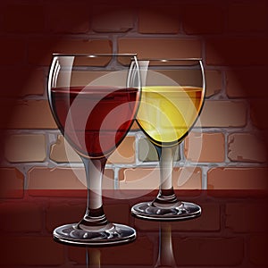 Glass wine glass with red wine, white wine, cider. A realistic, transparent. Brick wall. Vector.