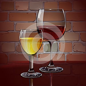 Glass wine glass with red wine, white wine, cocktail, cider. A realistic, transparent. Brick wall. Vector.