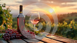 Glass Of Wine With Grapes And Barrel On A Sunny Background. Italy Tuscany Region