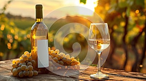 Glass Of Wine With Grapes And Barrel On A Sunny Background. Italy Tuscany Region