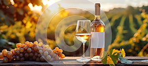 Glass Of Wine With Grapes And Barrel On A Sunny Background. Italy Tuscany Region