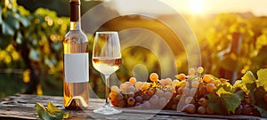 Glass Of Wine With Grapes And Barrel On A Sunny Background. Italy Tuscany Region