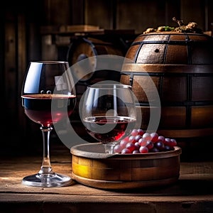 A glass of wine with grapes and a barrel on the table.