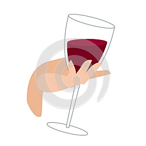 Glass of wine in the hand. graceful female hand holds full glass of red wine. alcoholic drink in glass. vector