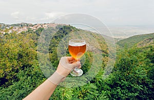 Glass of wine in hand of tourist in natural landscape of green Alazani Valley, Georgia. Homemade beverage photo