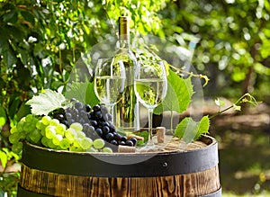 Glass of wine an old barrel and grape