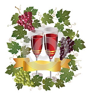 Glass with wine and red grape