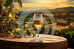 A glass of wine rests atop a wooden barrel, creating a classic and sophisticated display, Glass of white wine on a barrel in the