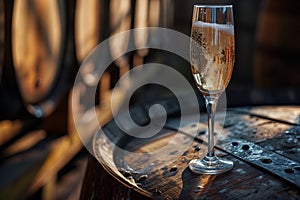 A glass of wine is sitting on top of a wooden barrel in sun rays