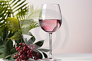 glass of wine on a table, surrounded by leaves and ample copy-space for your text.