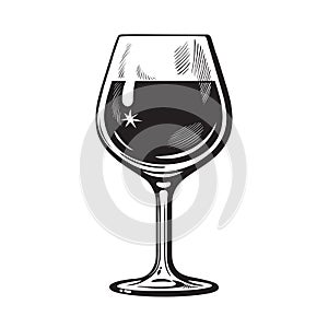 Glass of wine in vintage engraving style. Wineglass icon. Black and white vector illustration on white background.