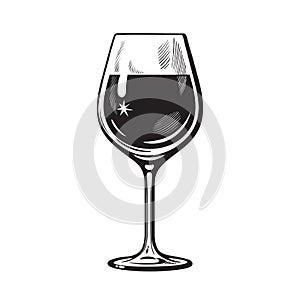 Glass of wine in vintage engraving style. Wineglass icon. Black and white vector illustration on white background.
