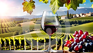 Glass of wine with wine pouring from a bottle and landscape of a vineyard on a sunny day. Winemaking concept, copy space,