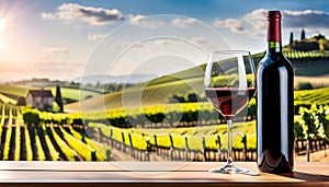 Glass of wine with wine pouring from a bottle and landscape of a vineyard on a sunny day. Winemaking concept, copy space,