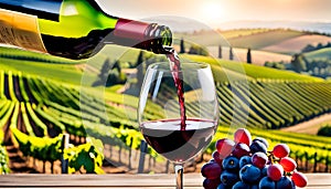 Glass of wine with wine pouring from a bottle and landscape of a vineyard on a sunny day. Winemaking concept, copy space,