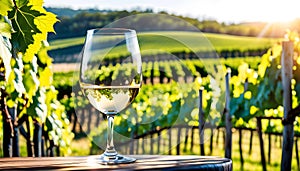 Glass of wine with wine pouring from a bottle and landscape of a vineyard on a sunny day. Winemaking concept, copy space,