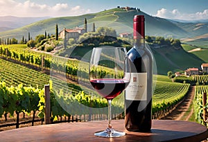 Glass of wine with wine pouring from a bottle and landscape of a vineyard on a sunny day. Winemaking concept, copy space,