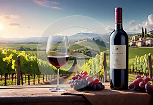 Glass of wine with wine pouring from a bottle and landscape of a vineyard on a sunny day. Winemaking concept, copy space,