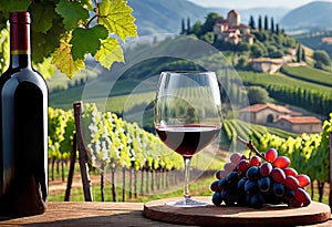 Glass of wine with wine pouring from a bottle and landscape of a vineyard on a sunny day. Winemaking concept, copy space,