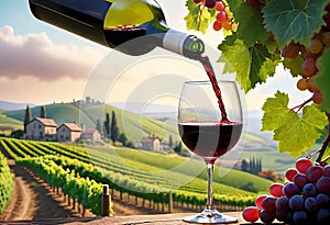 Glass of wine with wine pouring from a bottle and landscape of a vineyard on a sunny day. Winemaking concept, copy space,