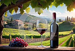 Glass of wine with wine pouring from a bottle and landscape of a vineyard on a sunny day. Winemaking concept, copy space,