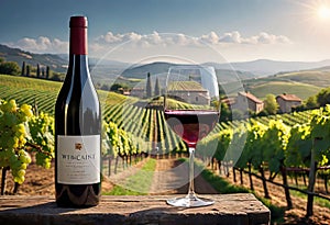 Glass of wine with wine pouring from a bottle and landscape of a vineyard on a sunny day. Winemaking concept, copy space,